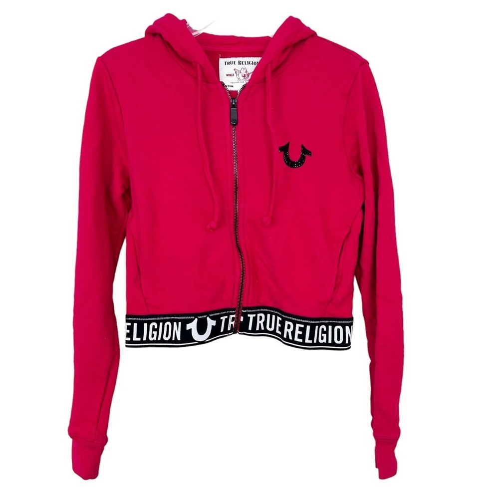 True Religion Women’s Red Cropped Full Zip Hoodie Size  S/P pockets